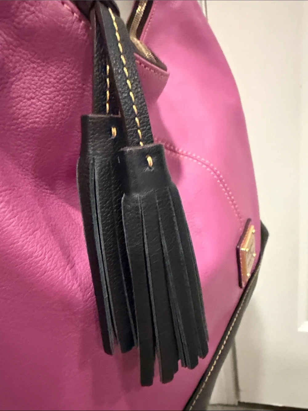 Dooney & Bourke Pink and Black Leather Shoulder Bag with Tassel
